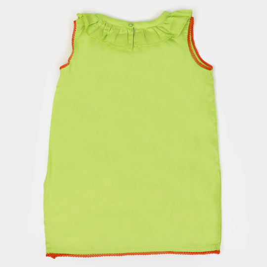 Girls Cotton Embroidered Kurti Playing Bird - Green
