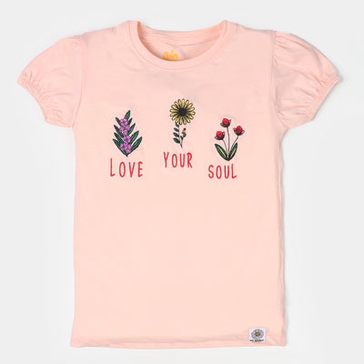Girls Cotton T-Shirt Love Soul - Peach