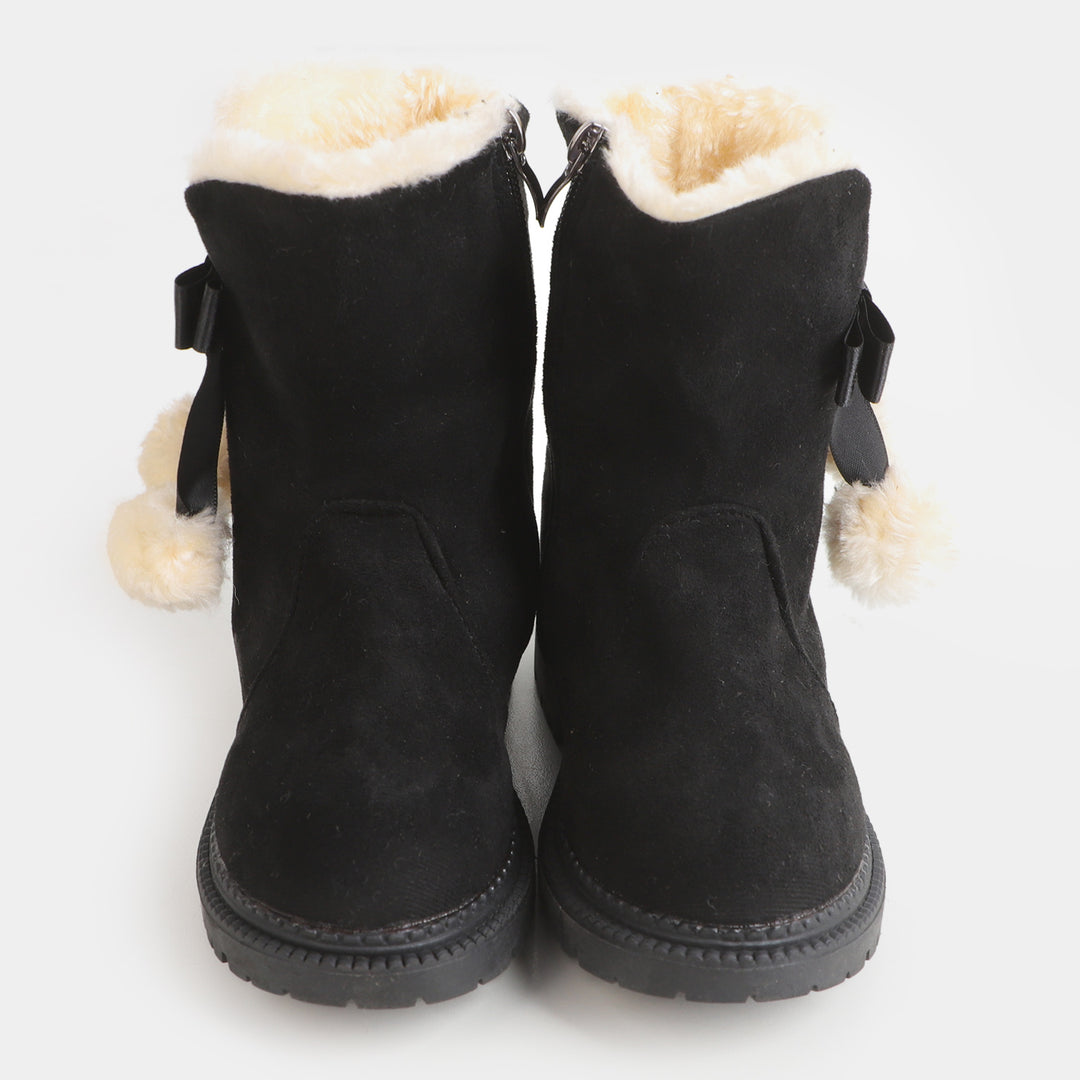 Girls Plush Balls Boots - Black