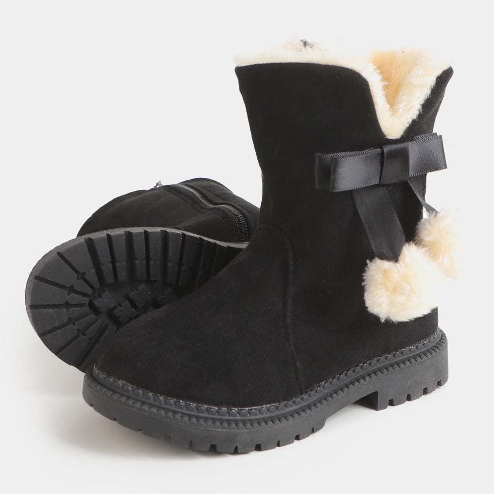 Girls Plush Balls Boots - Black