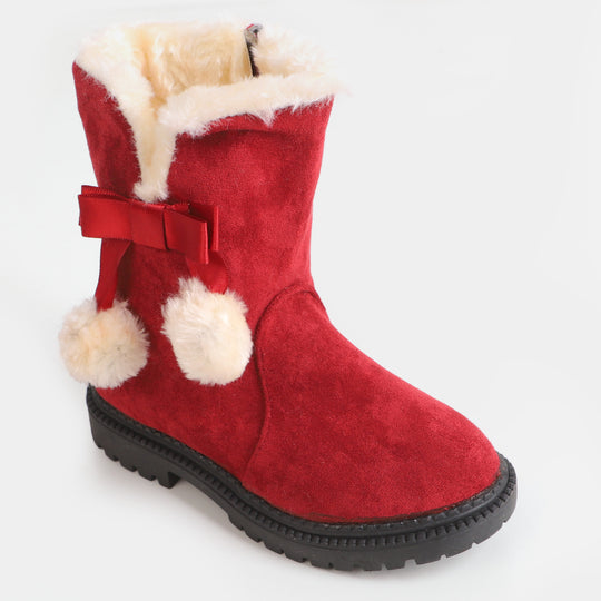 Girls Winter Snow Boots Thick Bottom Plush Balls - Red