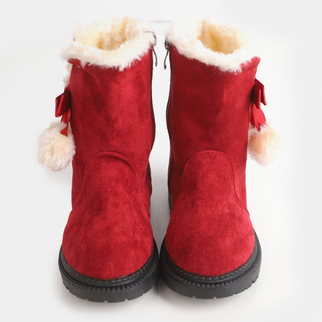 Girls Winter Snow Boots Thick Bottom Plush Balls - Red