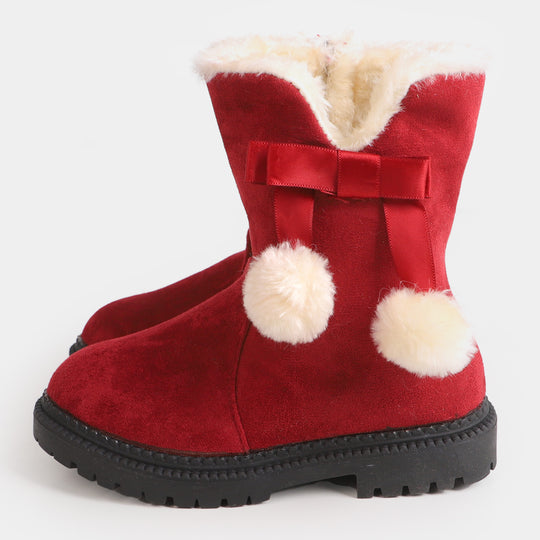 Girls Winter Snow Boots Thick Bottom Plush Balls - Red