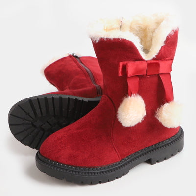 Girls Winter Snow Boots Thick Bottom Plush Balls - Red