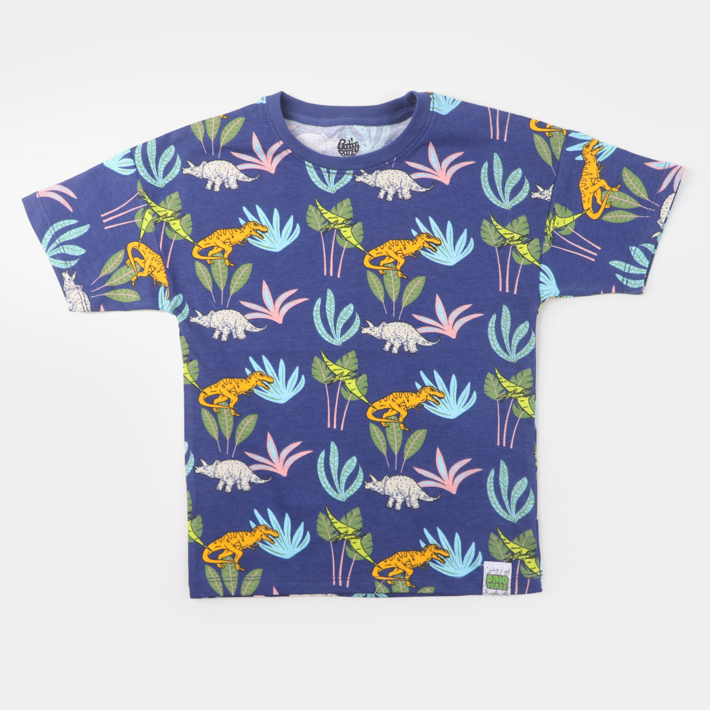 Boys Cotton T-Shirt Tropical Dino - Navy Blue