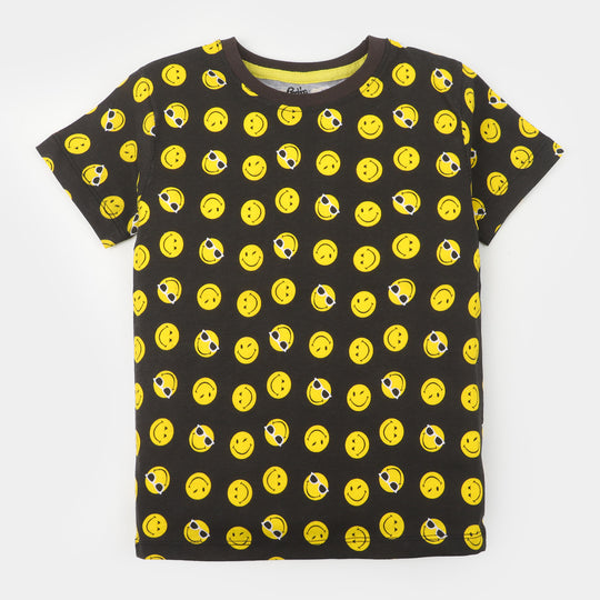 Boys Cotton T-Shirt Smiley Faces | BLACK