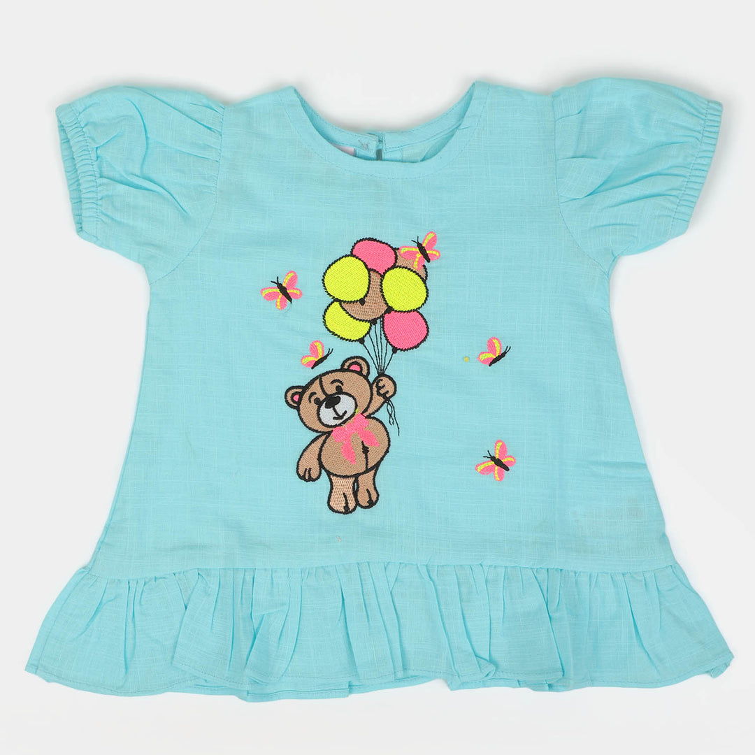 Infant Girls Cotton Kurti Emb Teddy Bear | Light Blue