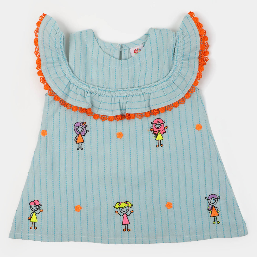 Infant Girls Jacquard Embroidered Kurti - Light Blue