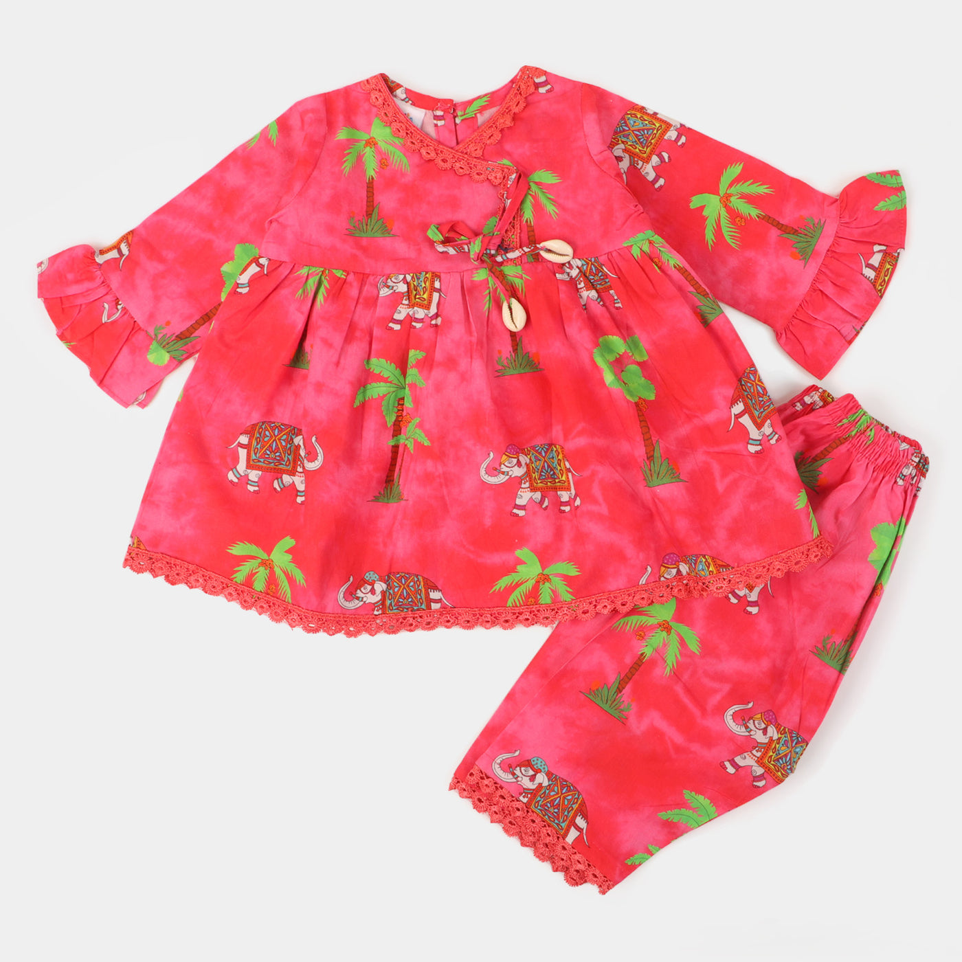 Infant Girls Cotton Digital Print 2Pcs Suit Jungle Elephant - Hot Pink