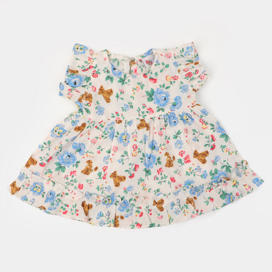 Infant Girls Cotton Casual Frock Teddy Bear - White