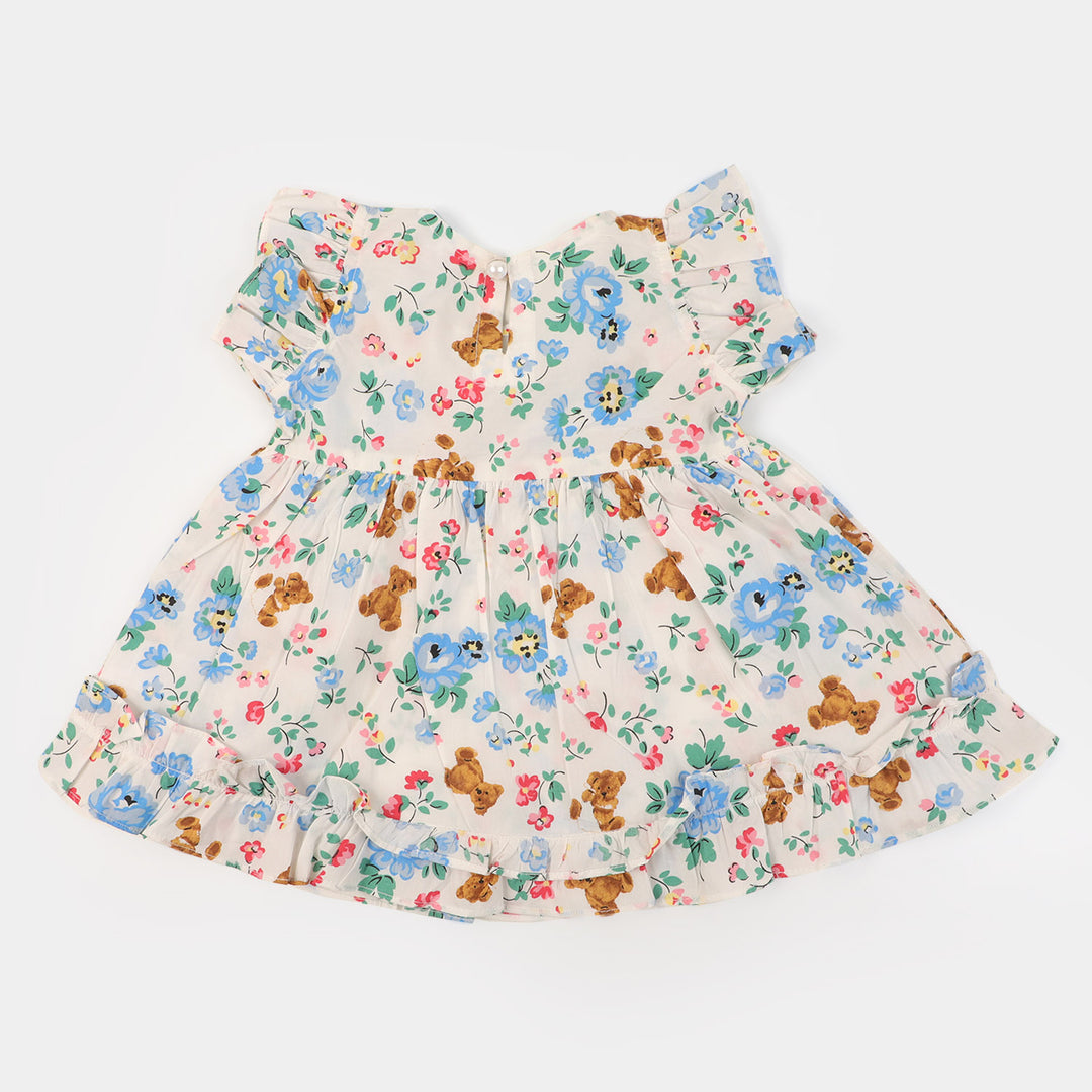 Infant Girls Cotton Casual Frock Teddy Bear - White
