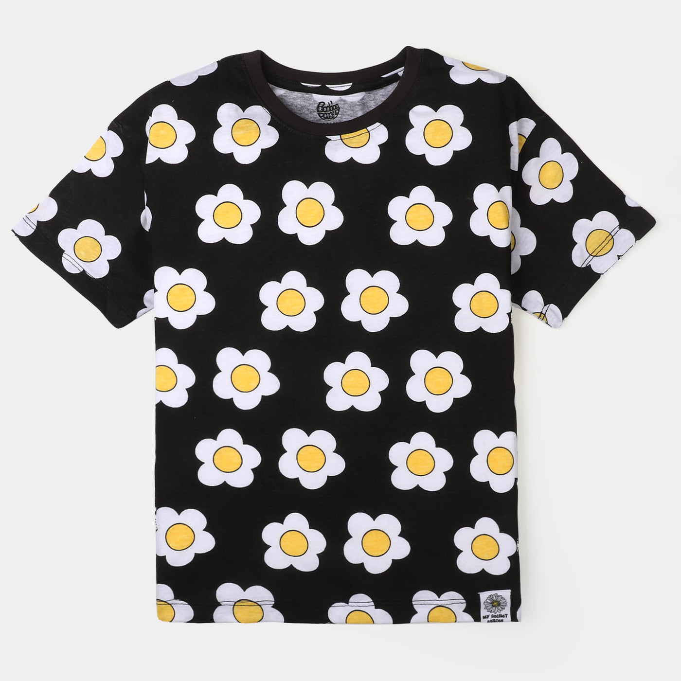 Girls T-Shirt White Flower - Jet Black