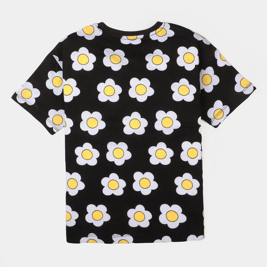 Girls T-Shirt White Flower - Jet Black