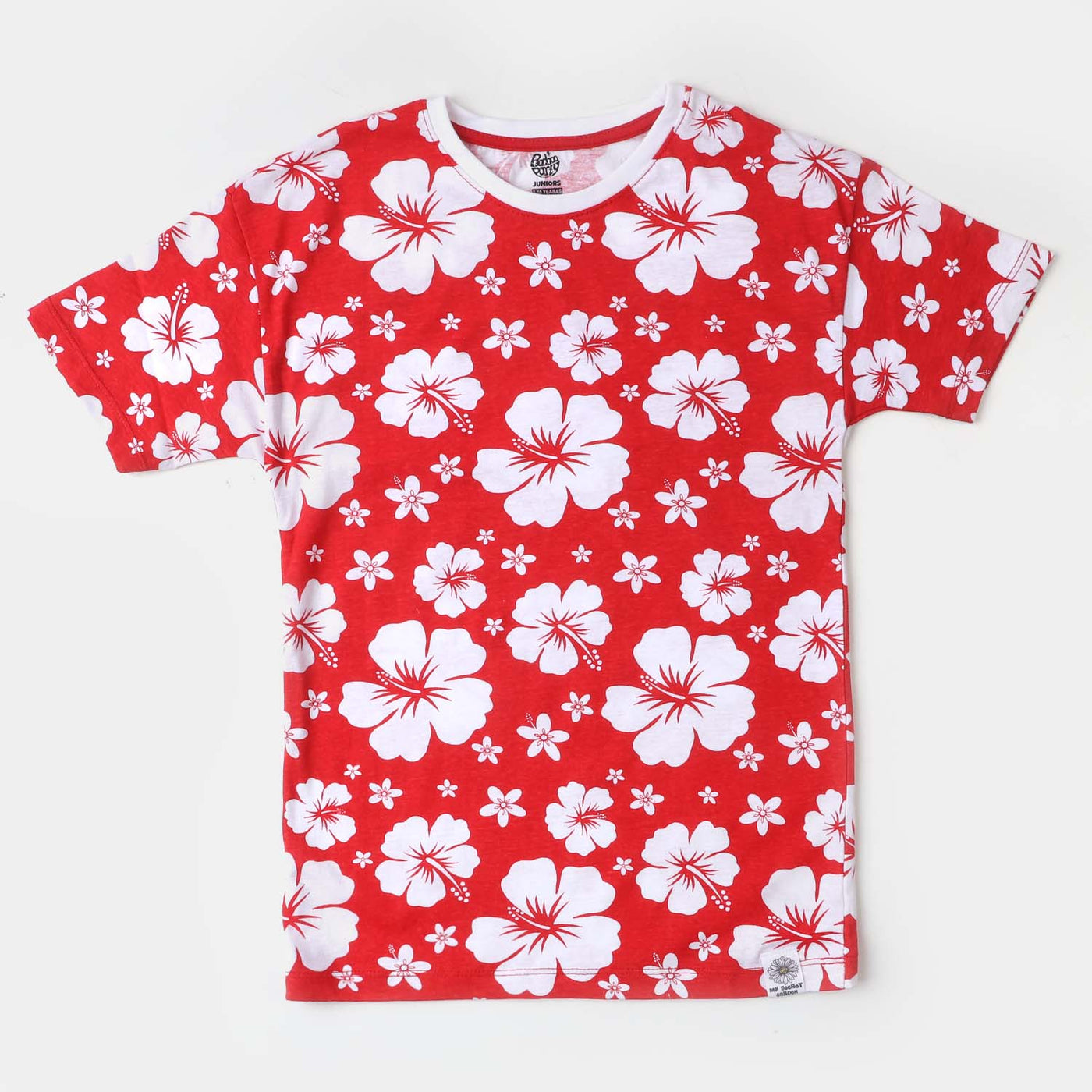 Girls Cotton T-Shirt White Flower - Red