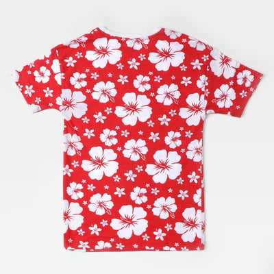 Girls Cotton T-Shirt White Flower - Red