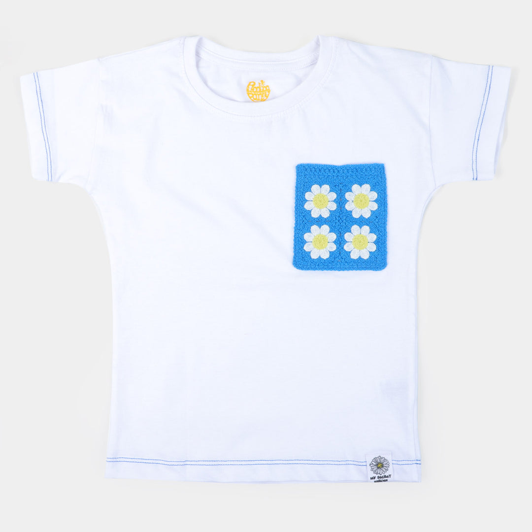 Girls Cotton T-Shirt Blue Pocket - White