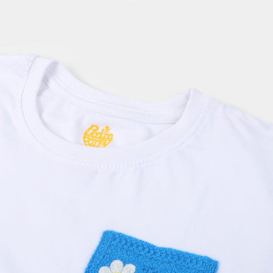 Girls Cotton T-Shirt Blue Pocket - White