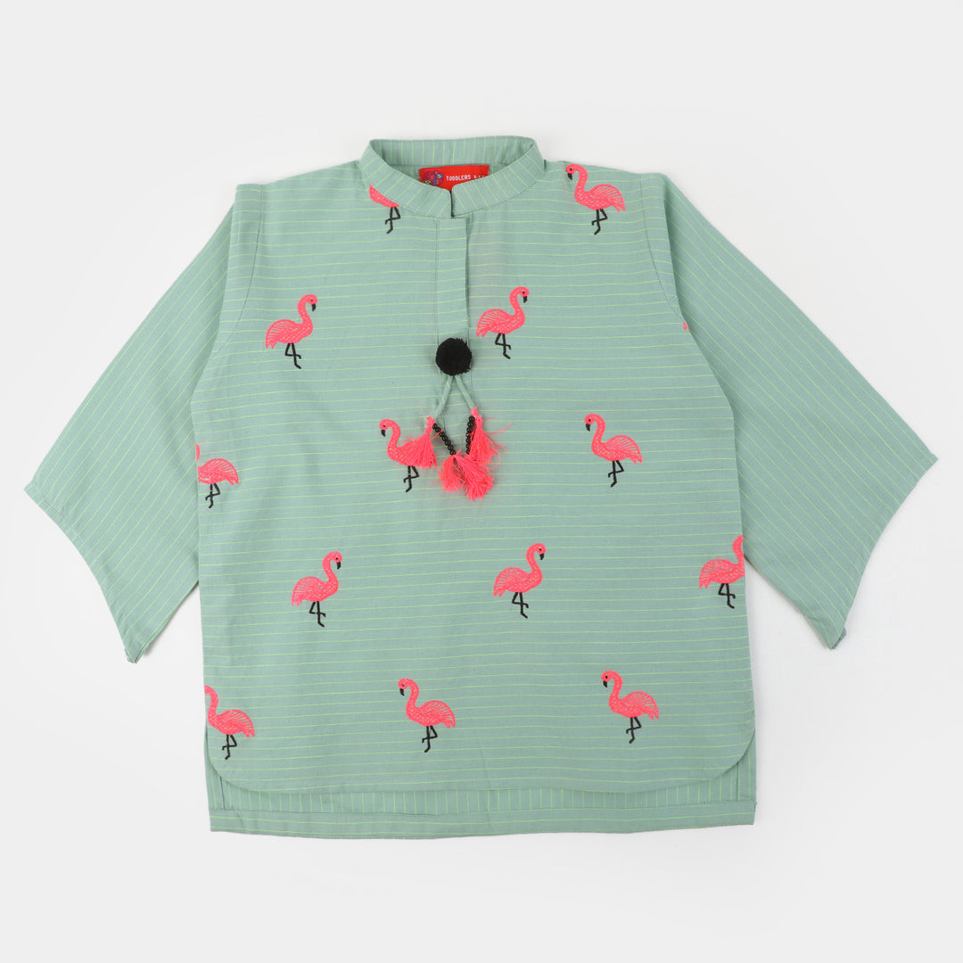 Girls Cotton Embroidered Top Flamingo - Green