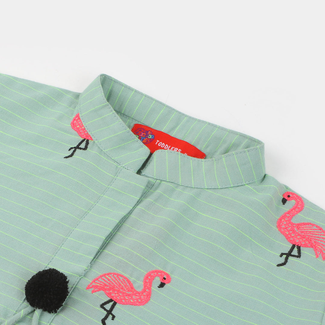 Girls Cotton Embroidered Top Flamingo - Green