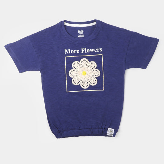 Girls Cotton T-Shirt More Flowers - Navy