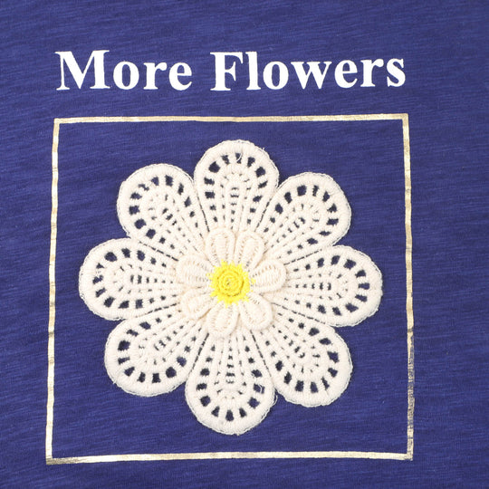 Girls Cotton T-Shirt More Flowers - Navy