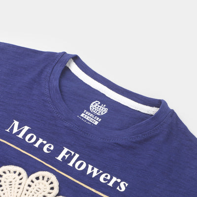 Girls Cotton T-Shirt More Flowers - Navy