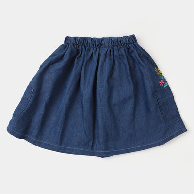 Girls Denim Skirt Pocket EMB Flower - LIGHT BLUE
