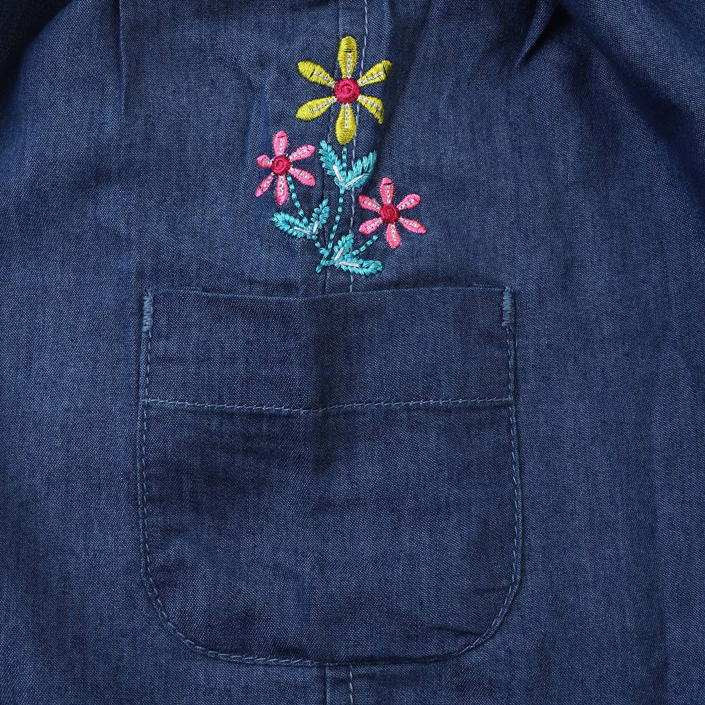 Girls Denim Skirt Pocket EMB Flower - LIGHT BLUE