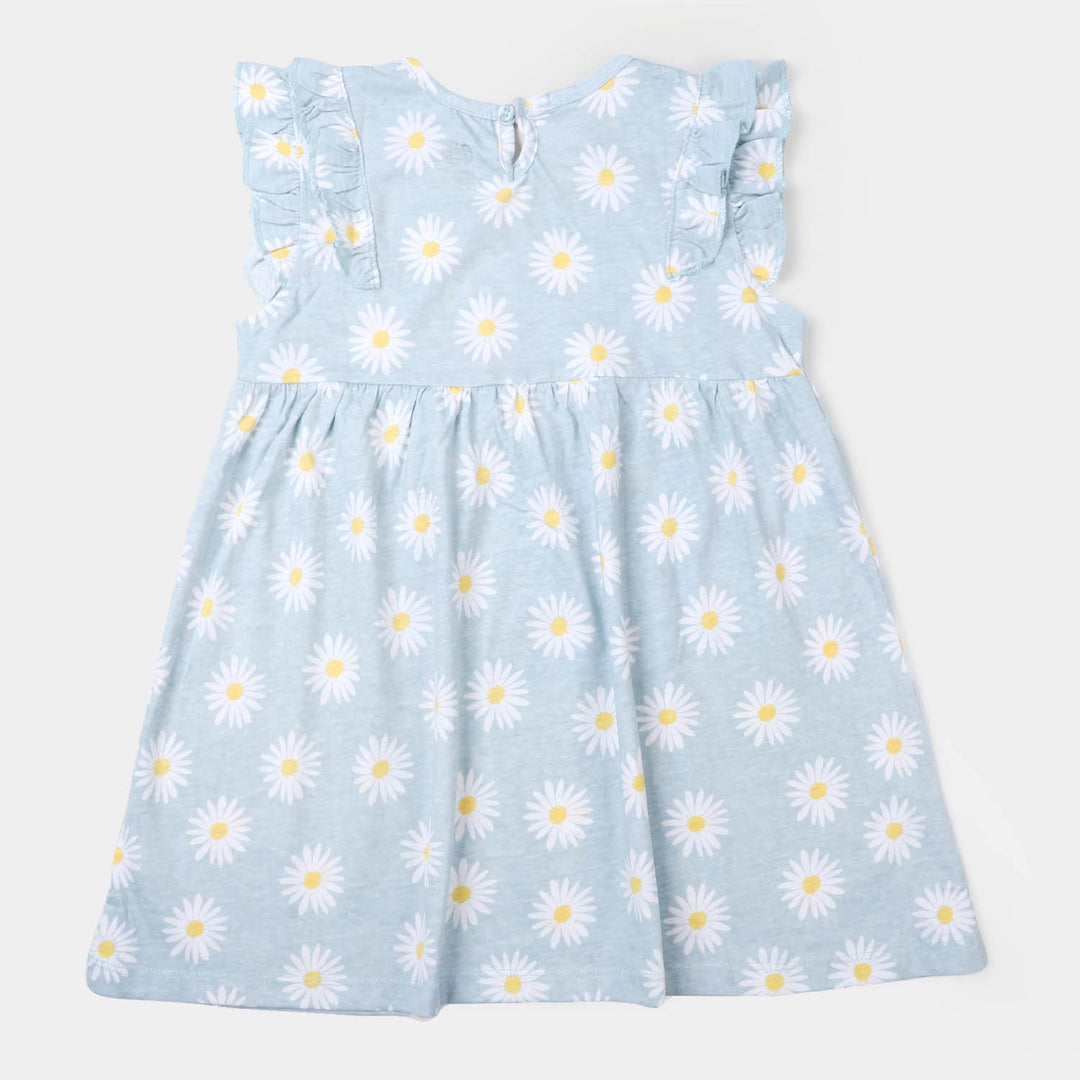 Girls Knitted Frock Flowers -Light Blue