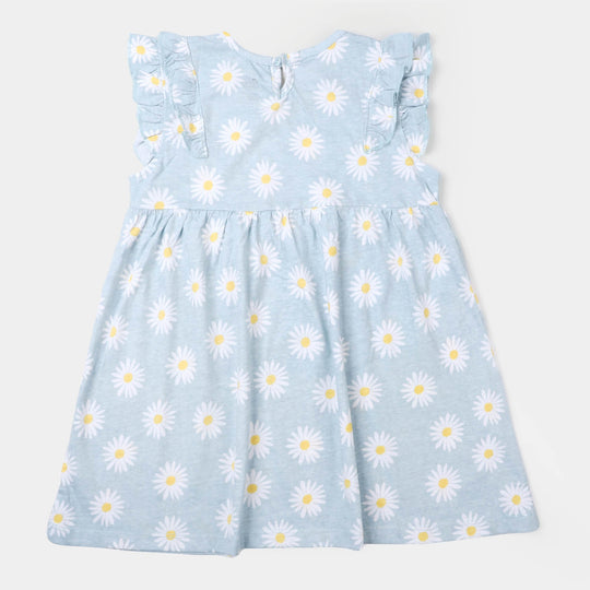 Girls Knitted Frock Flowers -Light Blue