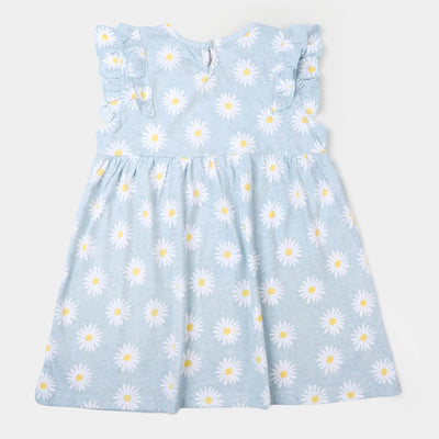 Girls Knitted Frock Flowers -Light Blue