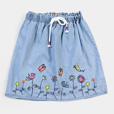 Girls Denim Skirt Flower Butterfly - LIGHT BLUE