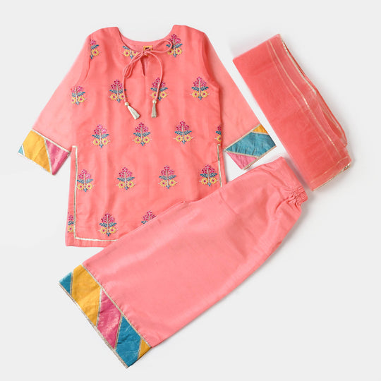 Girls Viscose 3PCs Suit Chatta Patti - Peach