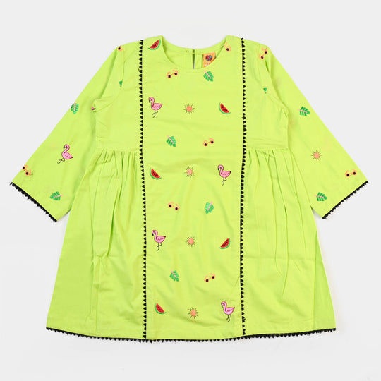 Girls Cotton Embroidered Kurti Trendy - Green