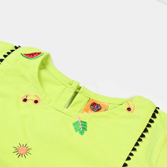 Girls Cotton Embroidered Kurti Trendy - Green