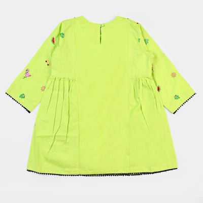 Girls Cotton Embroidered Kurti Trendy - Green