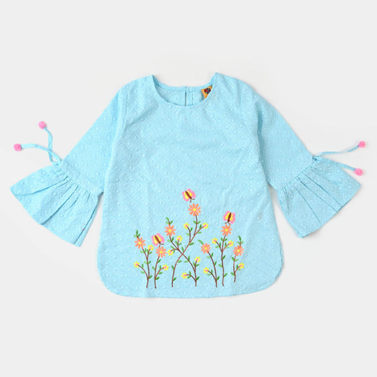 Girls Chicken Embroidered Top Butterfly Garden - Blue